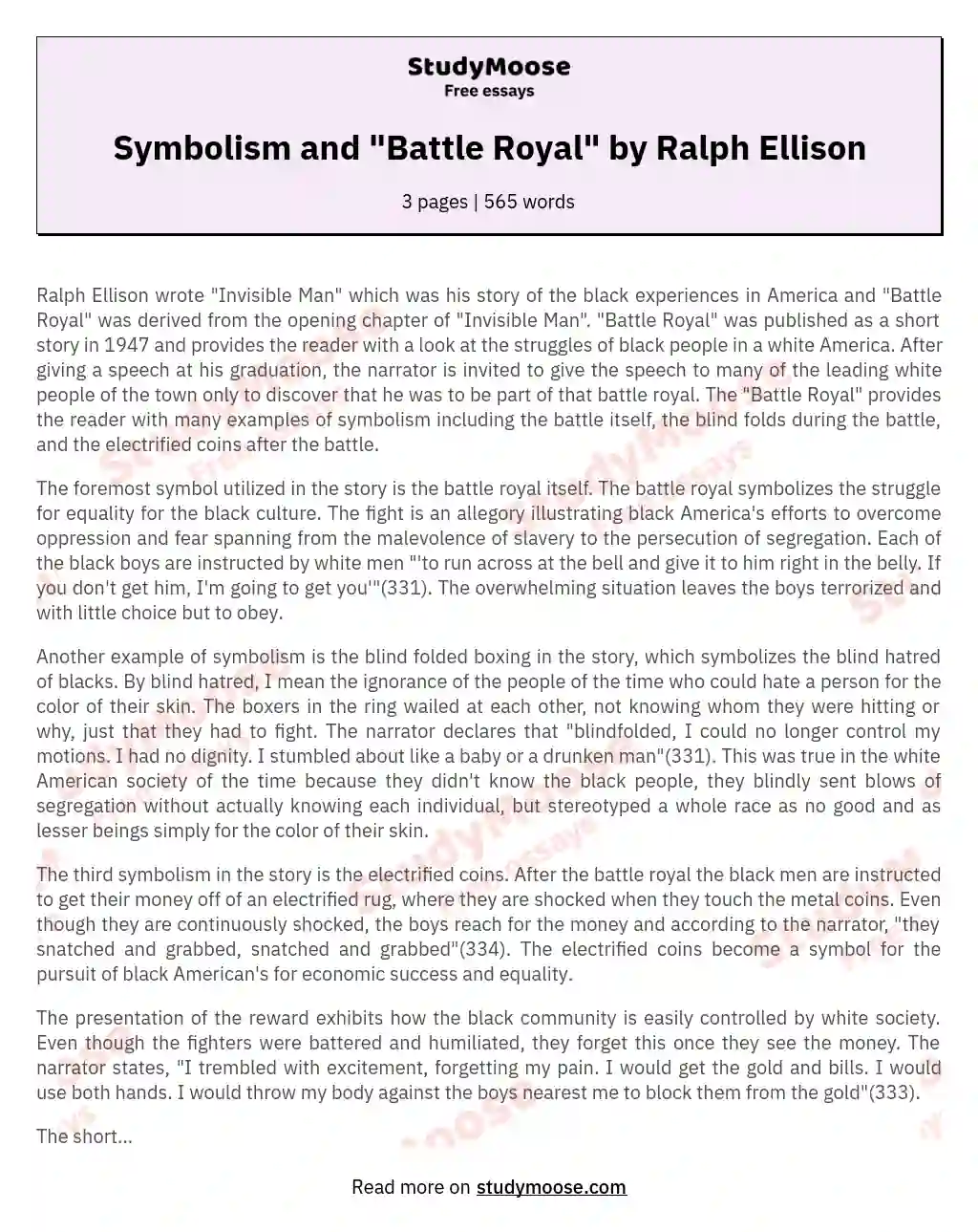 Symbolism and "Battle Royal" by Ralph Ellison essay