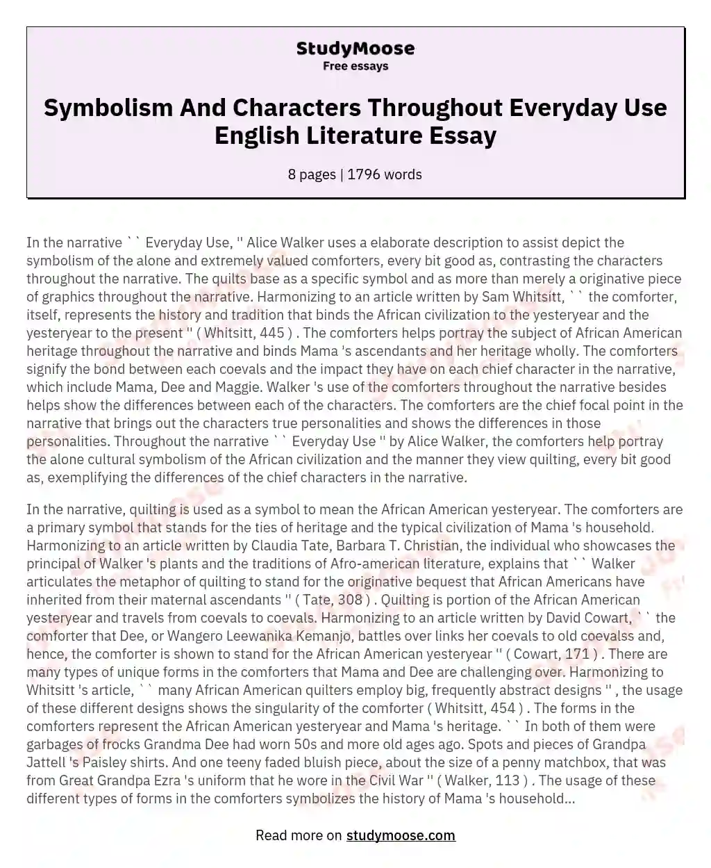 Symbolism And Characters Throughout Everyday Use English Literature Essay essay