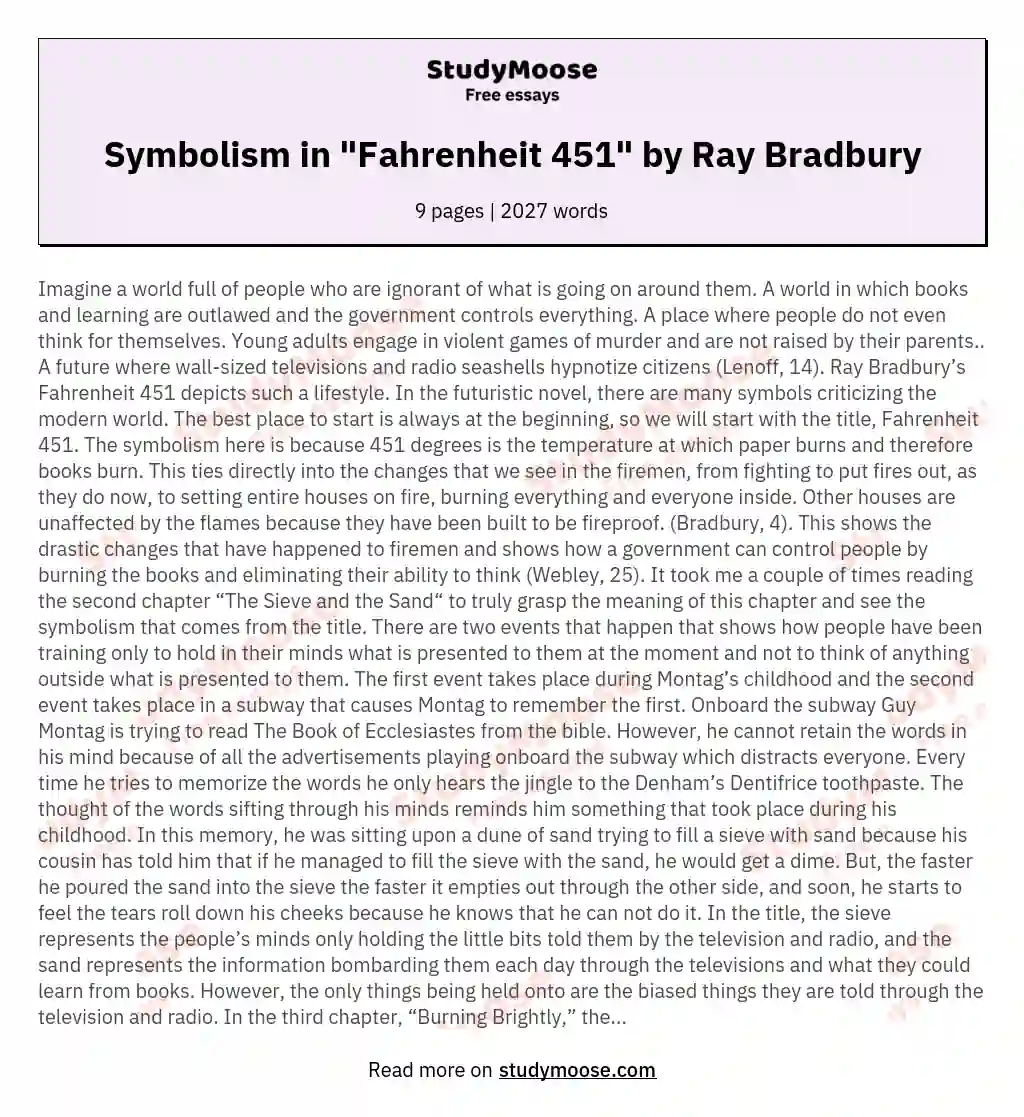 Symbolism in "Fahrenheit 451" by Ray Bradbury essay