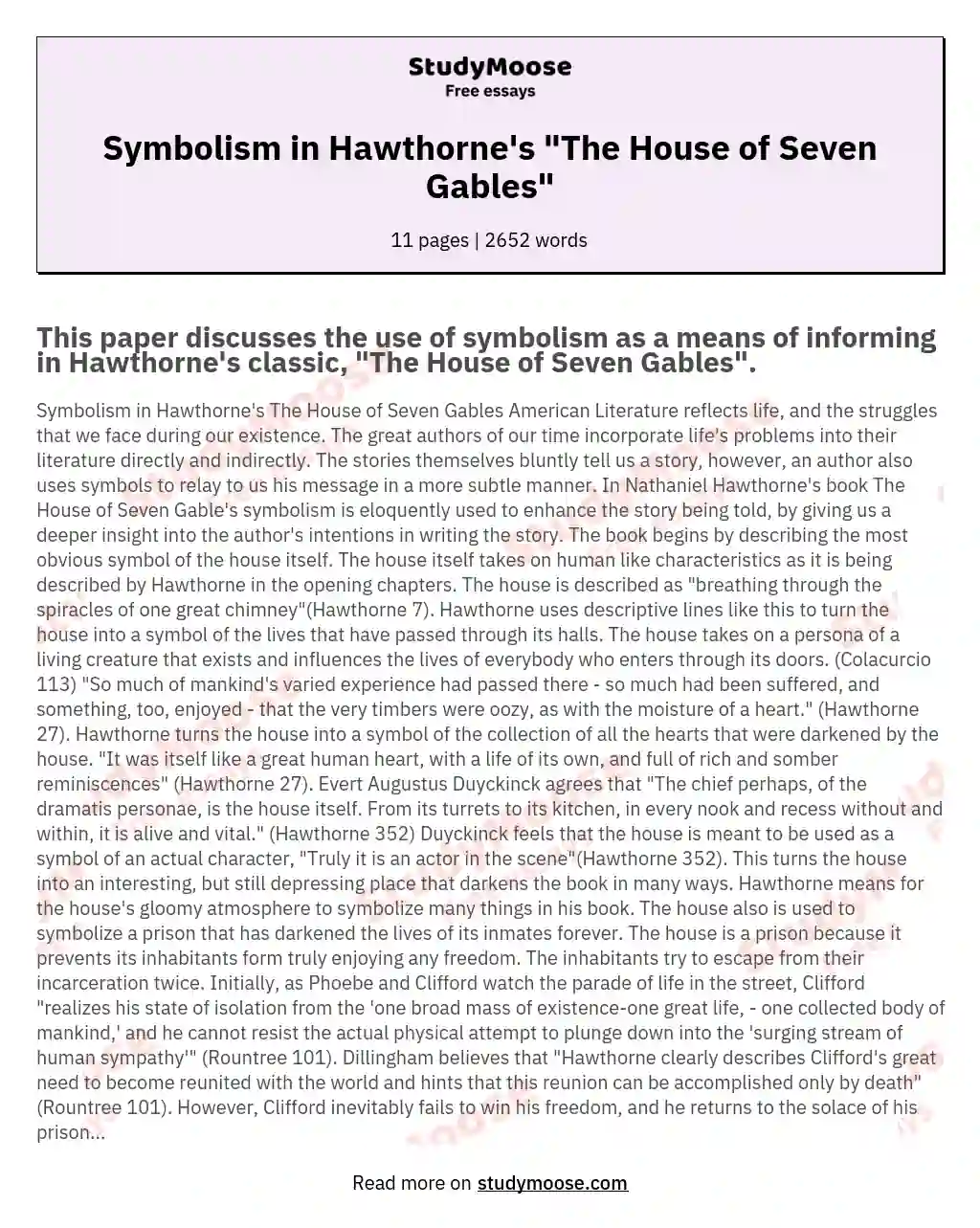Symbolism in Hawthorne's "The House of Seven Gables" essay