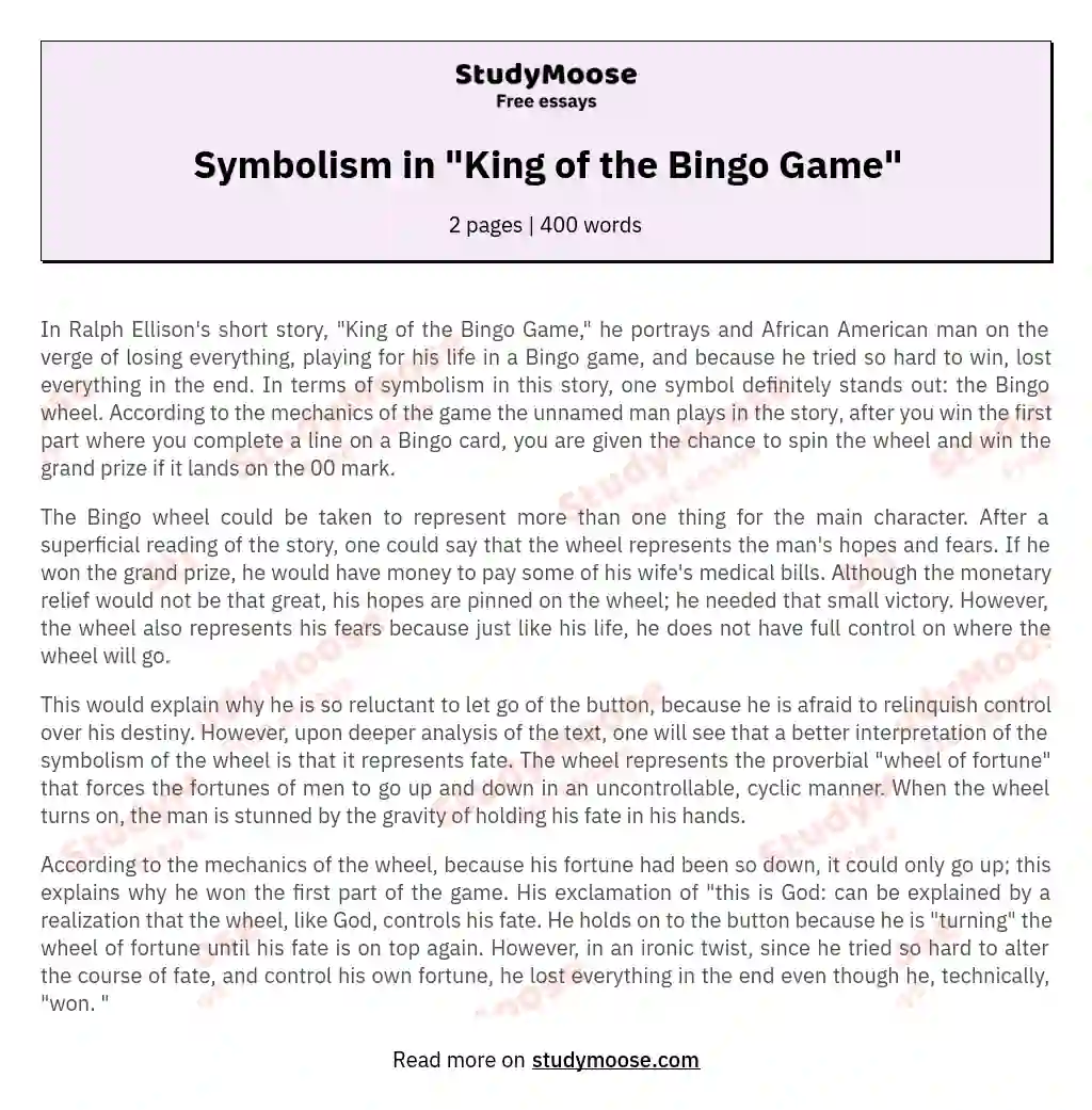 Symbolism in "King of the Bingo Game"