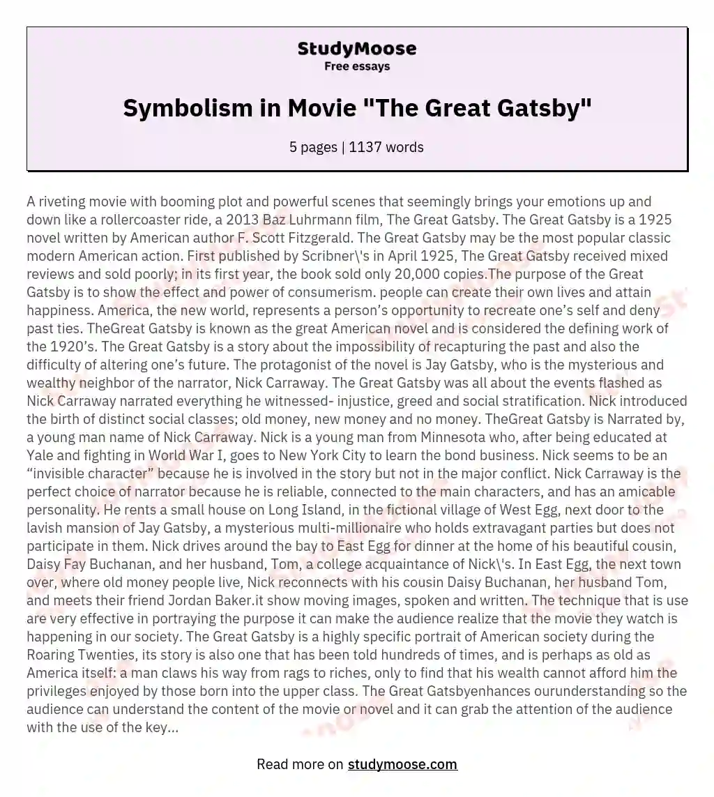 Symbolism in Movie "The Great Gatsby" essay