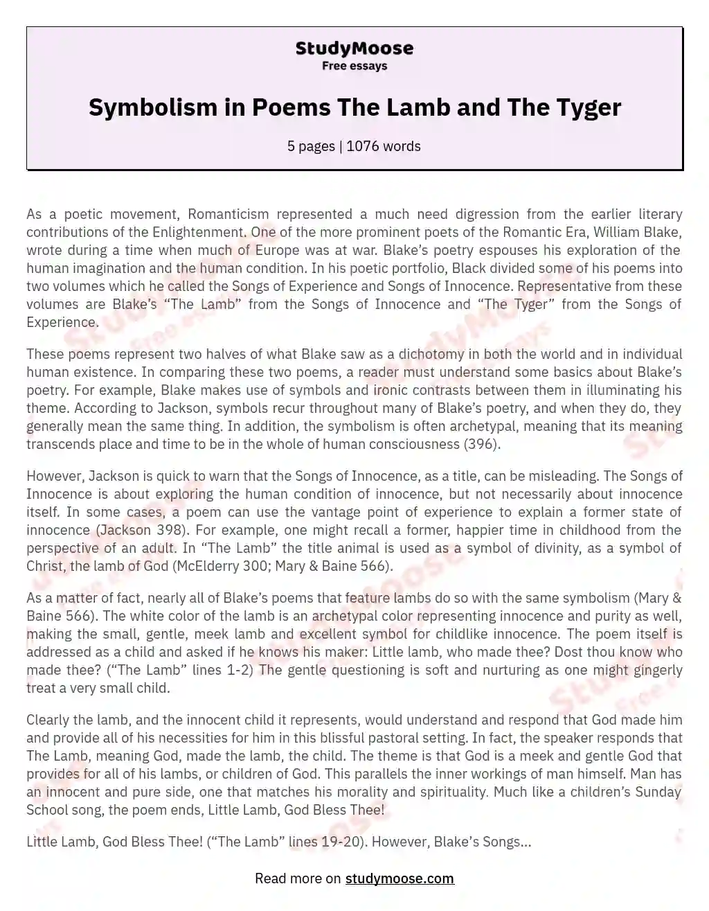 Symbolism in Poems The Lamb and The Tyger essay