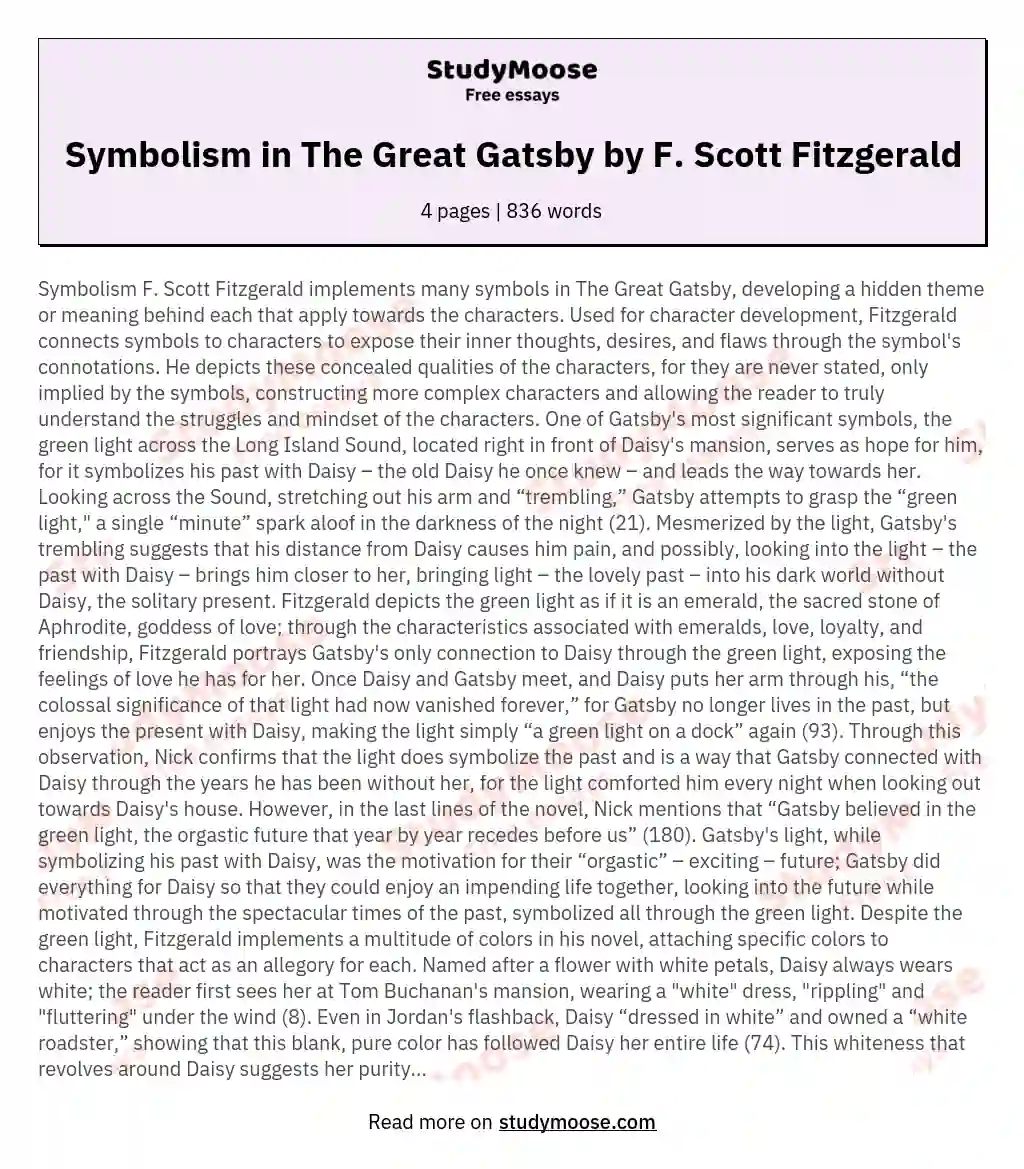 Symbolism in The Great Gatsby by F. Scott Fitzgerald essay