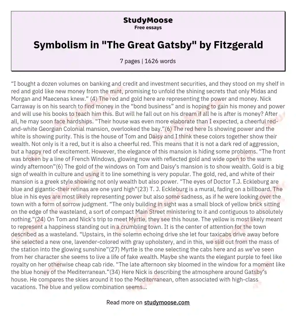 Symbolism in "The Great Gatsby" by Fitzgerald essay