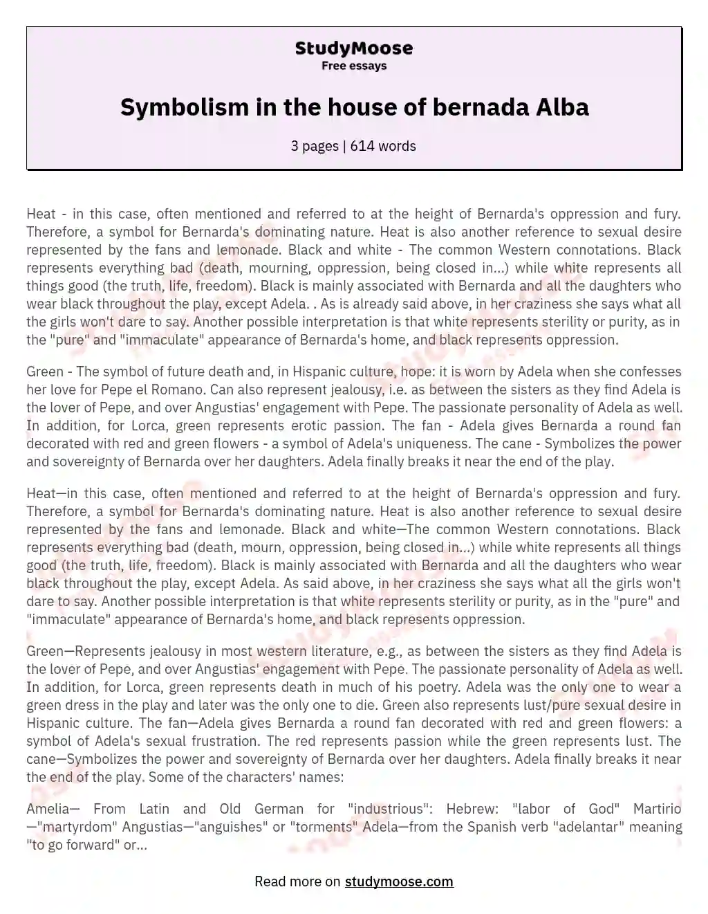 Symbolism in the house of bernada Alba essay