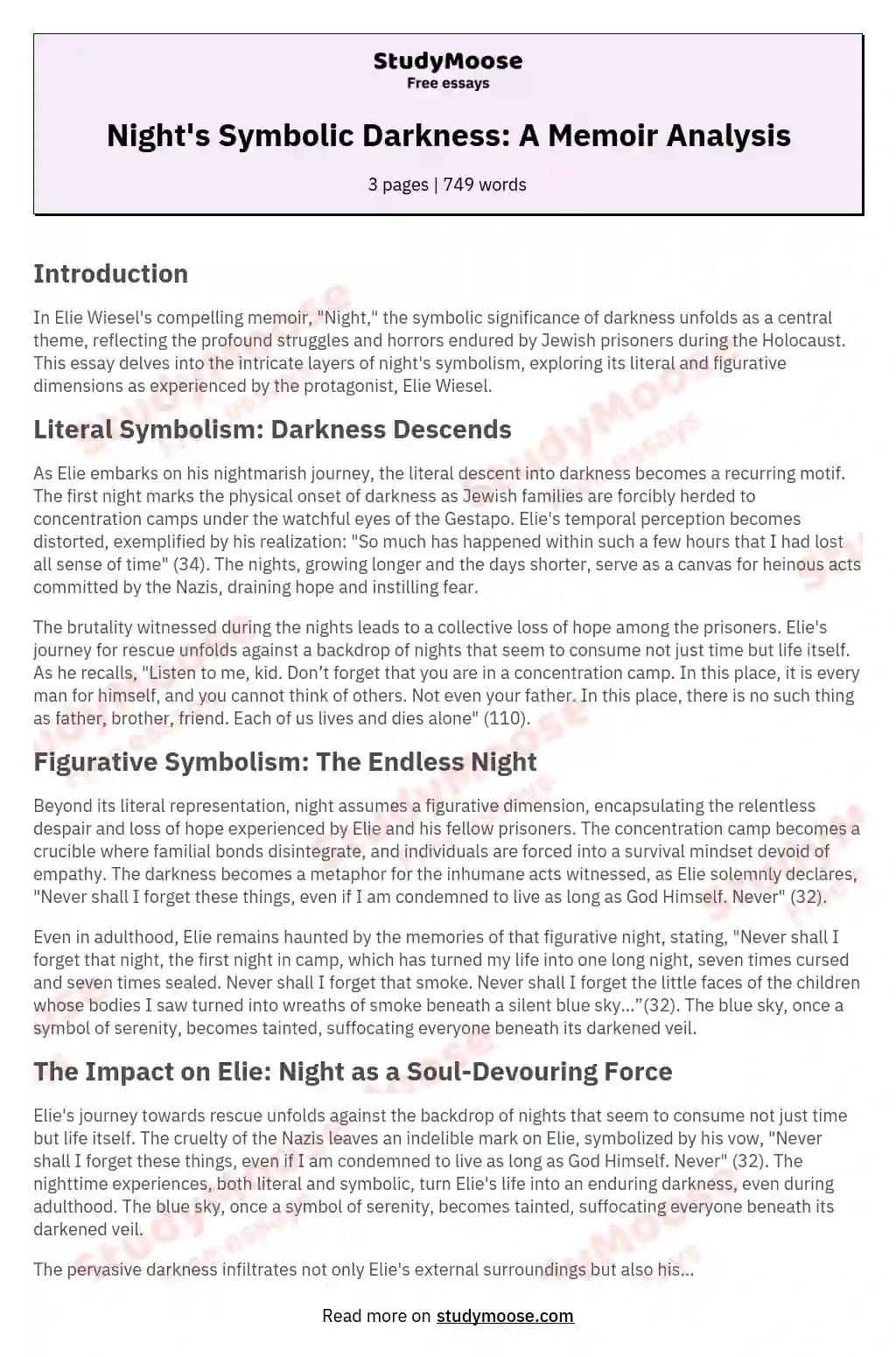 Night's Symbolic Darkness: A Memoir Analysis essay