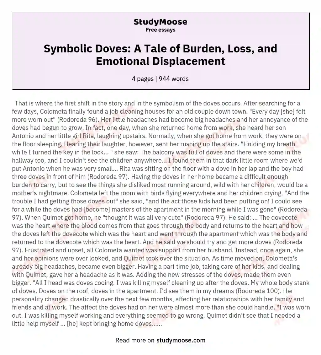 Symbolic Doves: A Tale of Burden, Loss, and Emotional Displacement essay