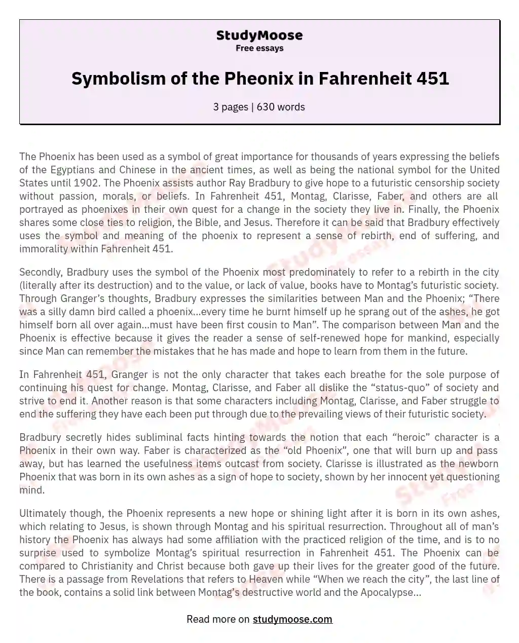 Symbolism of the Pheonix in Fahrenheit 451 essay