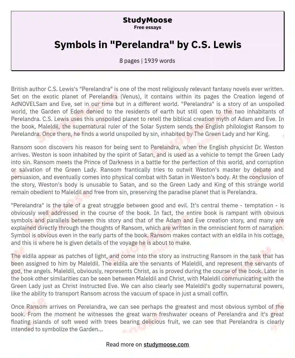 Symbols in "Perelandra" by C.S. Lewis essay