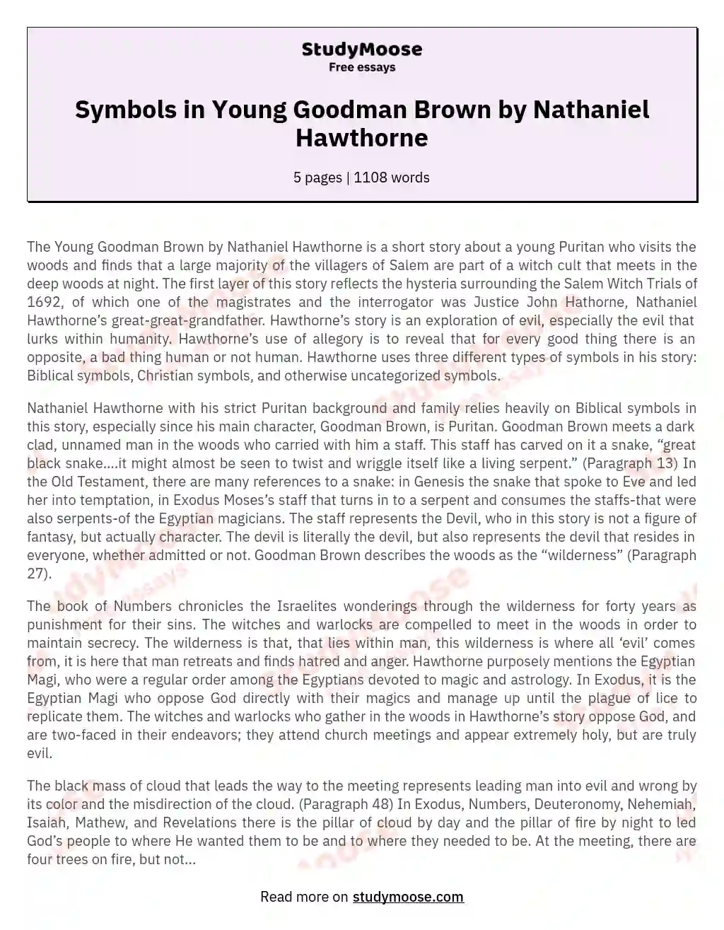 Symbols in Young Goodman Brown by Nathaniel Hawthorne