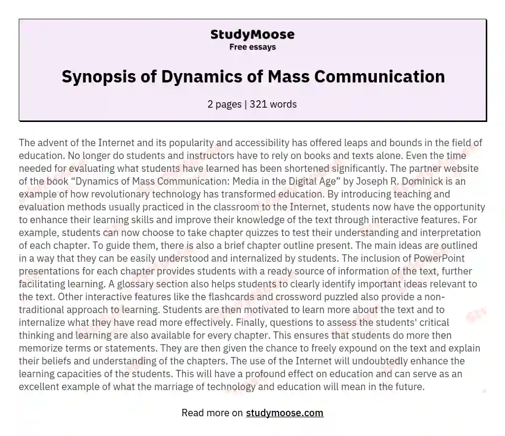 Synopsis of Dynamics of Mass Communication essay
