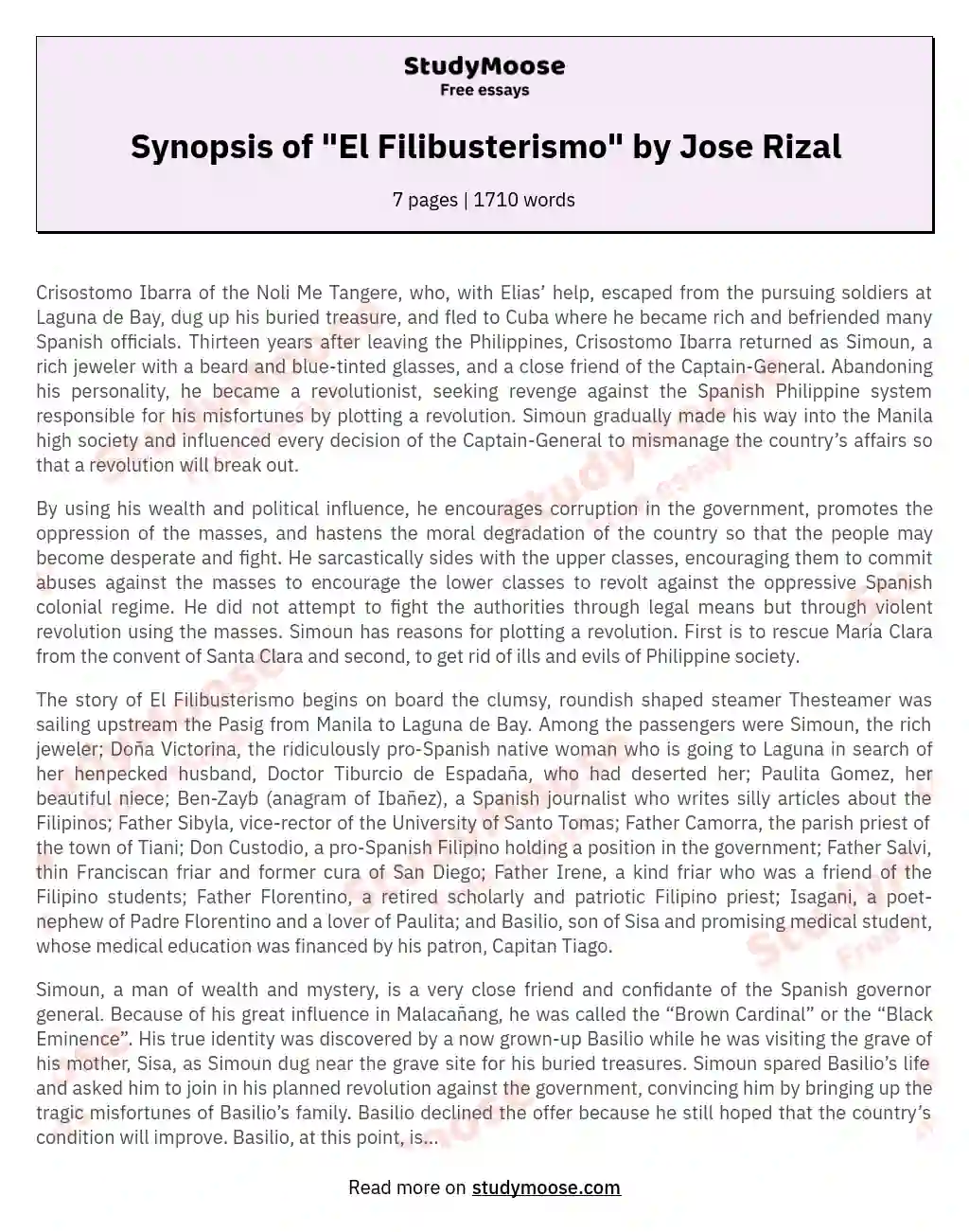 Synopsis of "El Filibusterismo" by Jose Rizal essay