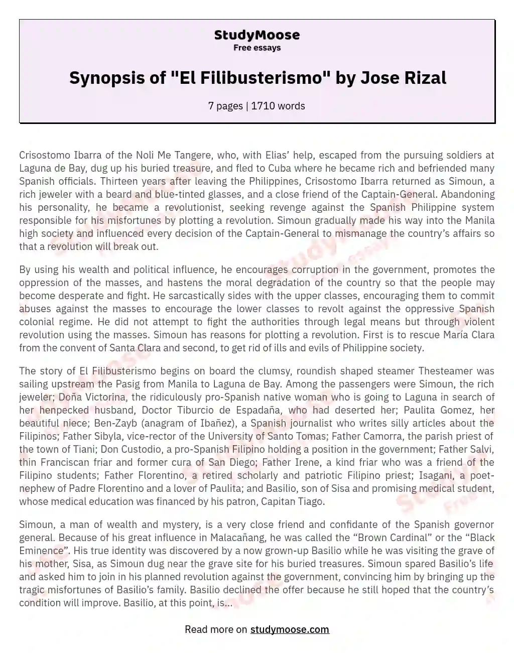 Synopsis Of El Filibusterismo By Jose Rizal Free Essay Example