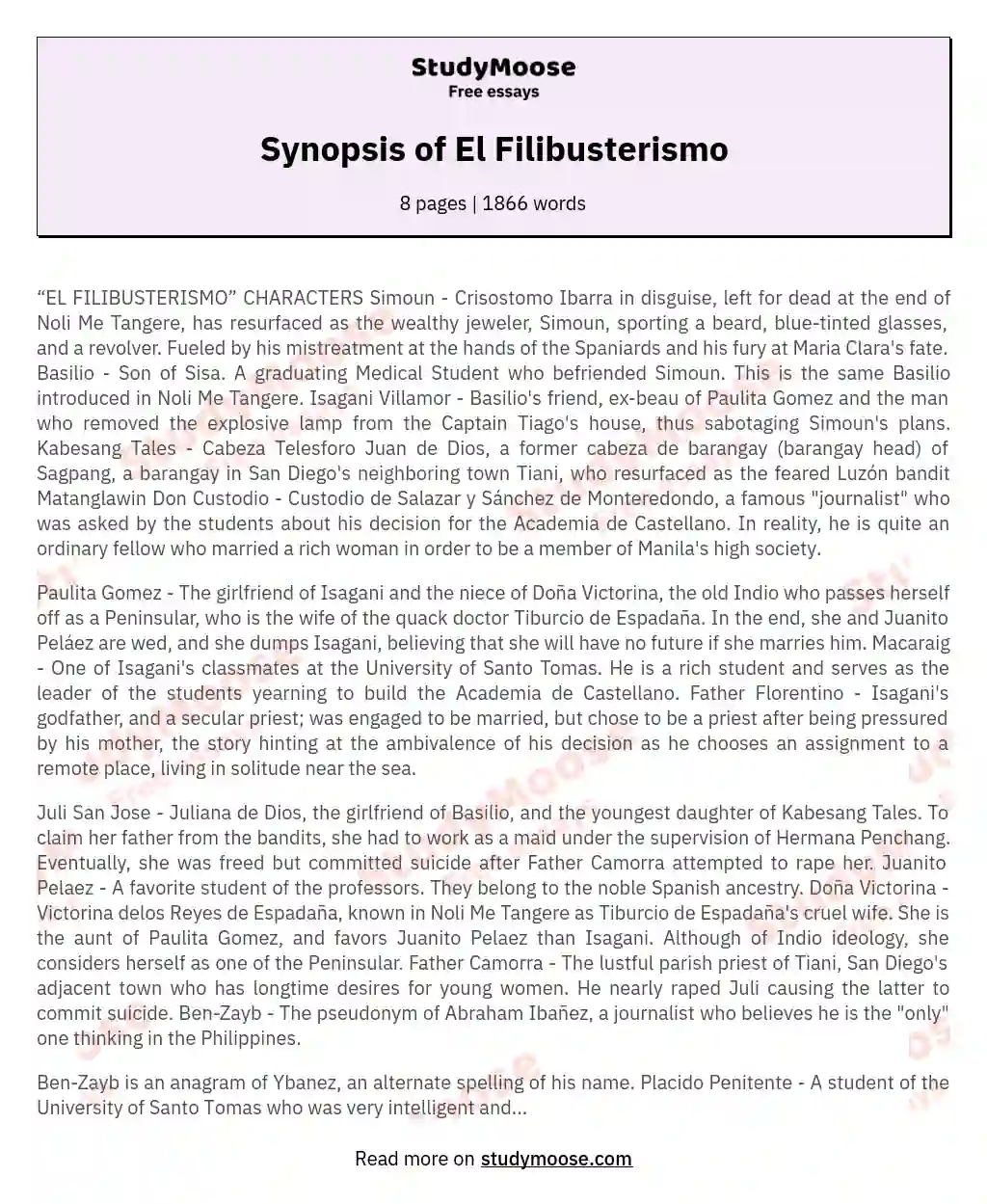 Synopsis of El Filibusterismo essay