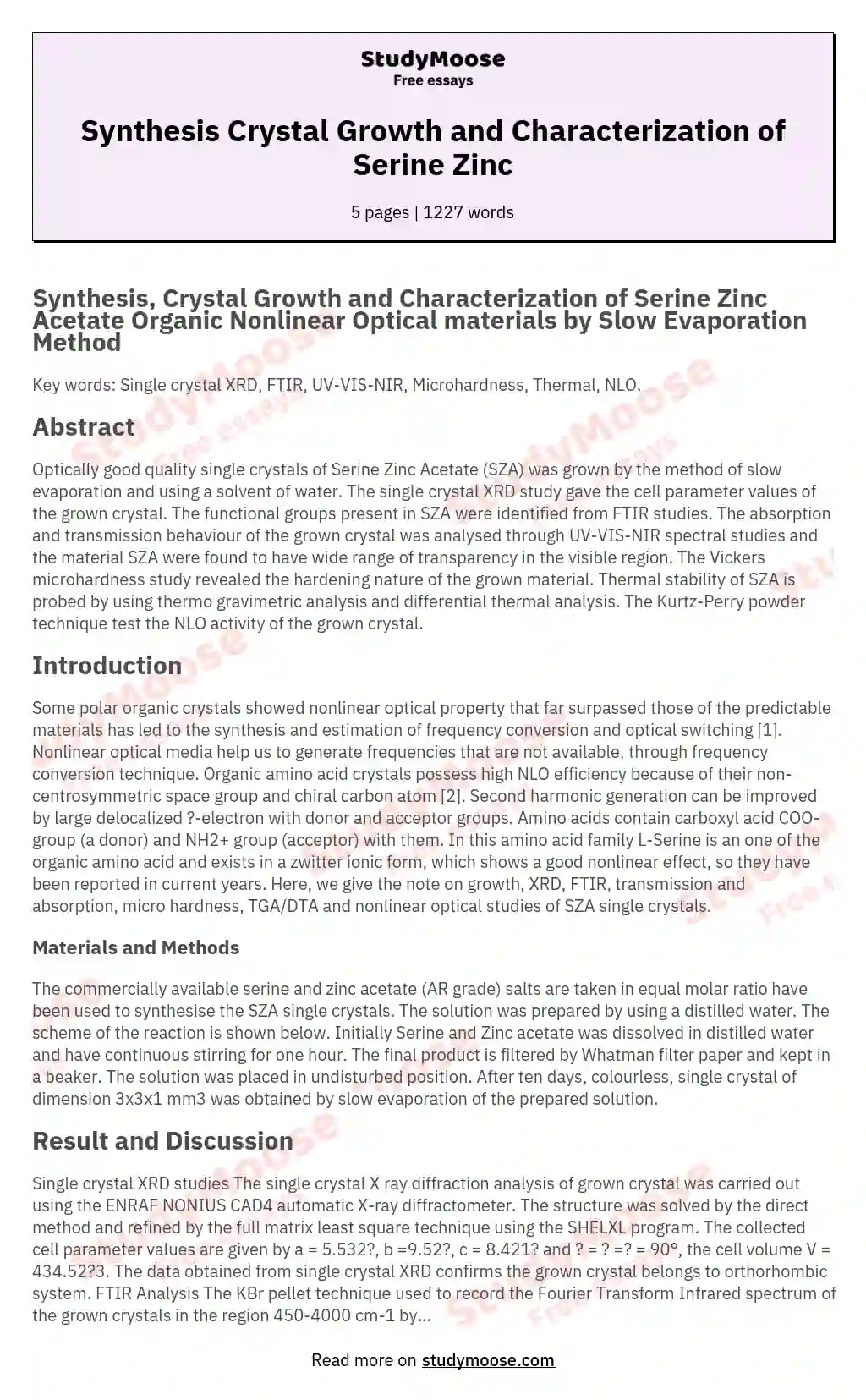 Synthesis Crystal Growth and Characterization of Serine Zinc essay