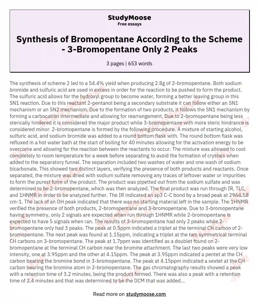 Synthesis of Bromopentane According to the Scheme - 3-Bromopentane Only 2 Peaks essay