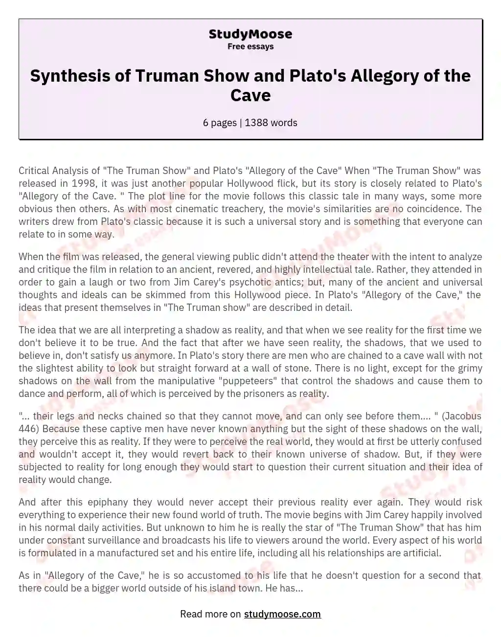 Synthesis of Truman Show and Plato's Allegory of the Cave