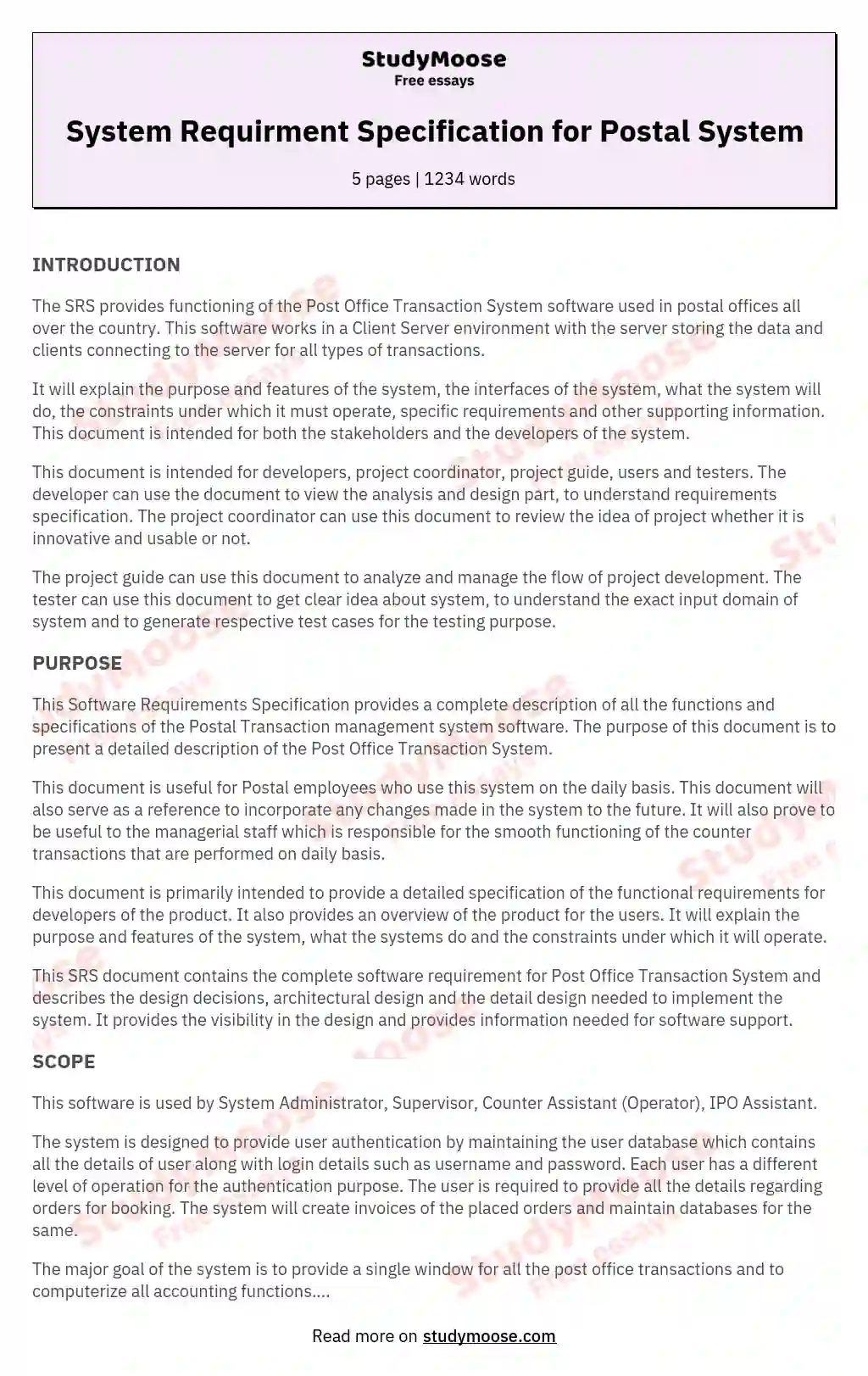 System Requirment Specification for Postal System