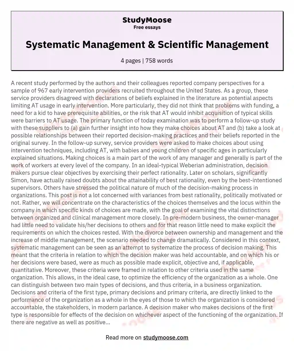 Systematic Management &amp; Scientific Management