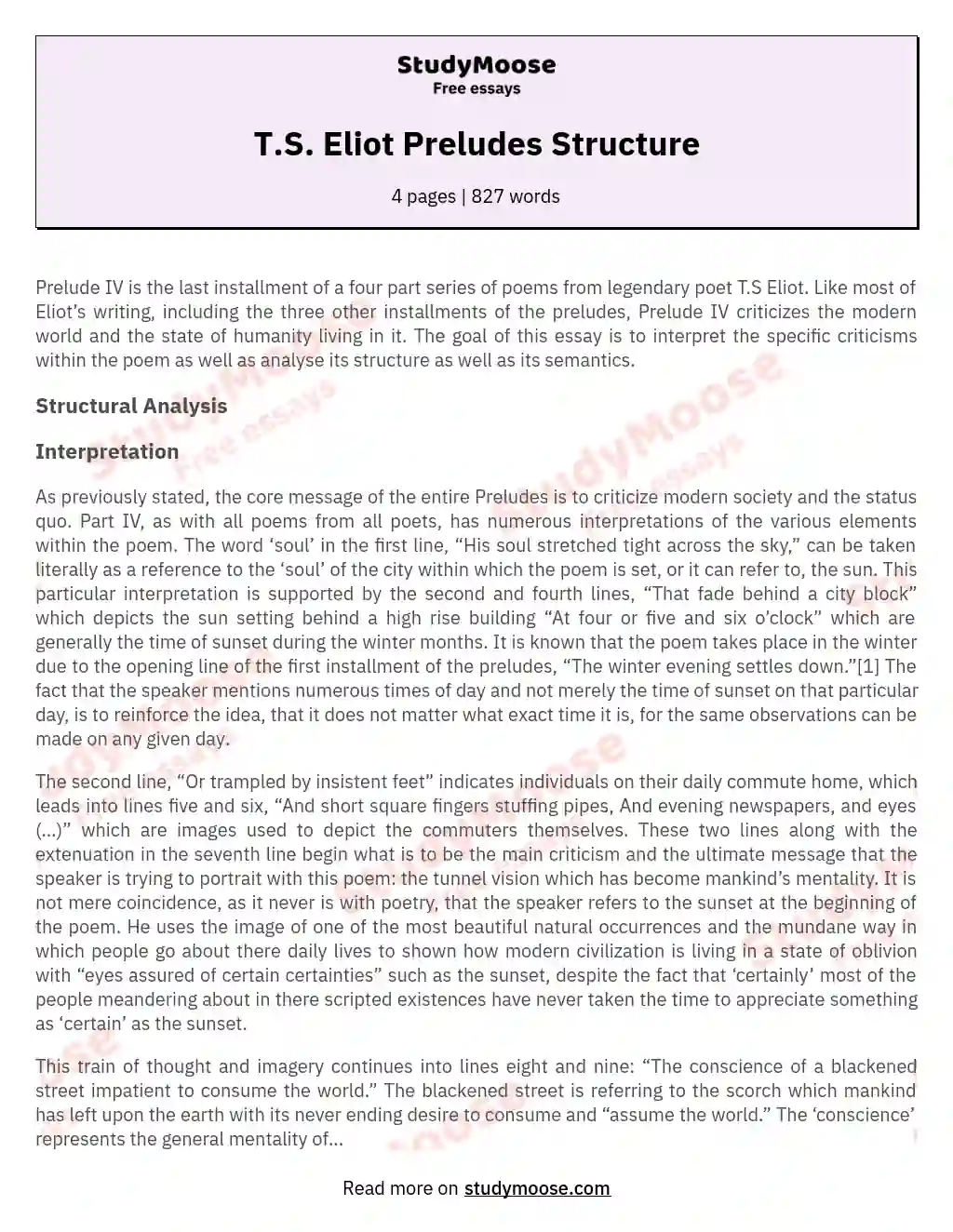 T.S. Eliot Preludes Structure