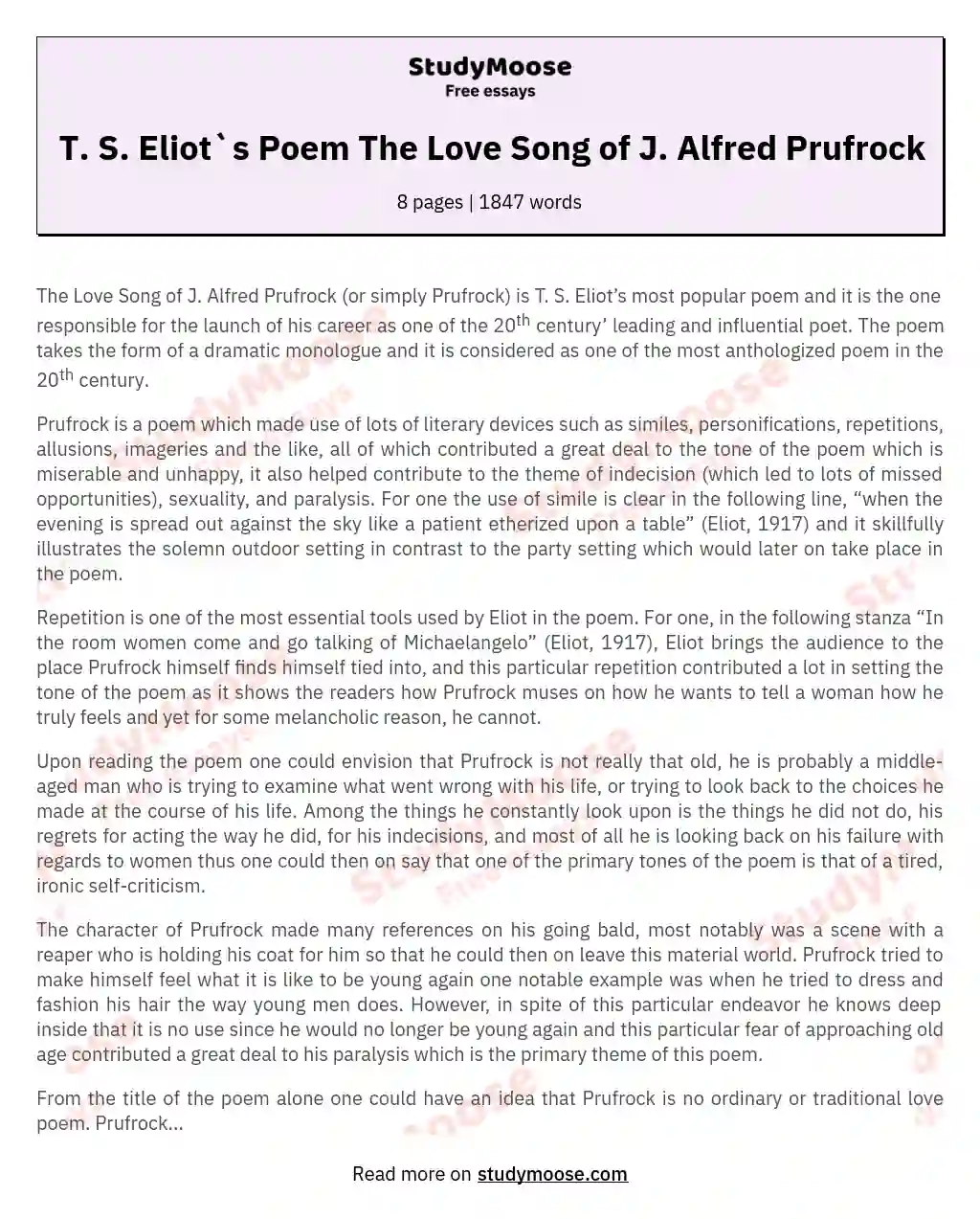 T. S. Eliot`s Poem The Love Song of J. Alfred Prufrock