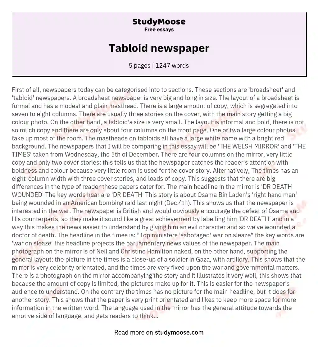 Tabloid newspaper essay