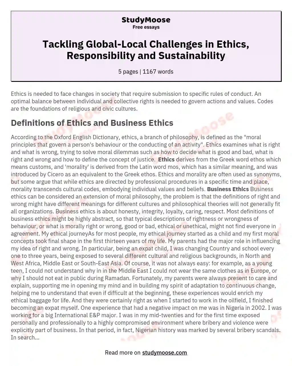 Tackling Global-Local Challenges in Ethics, Responsibility and Sustainability essay