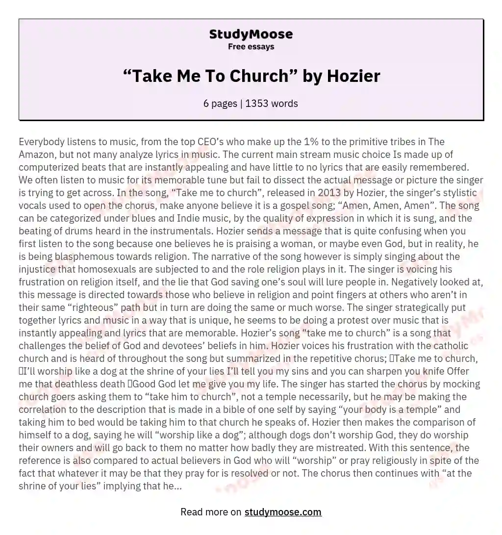 “Take Me To Church” by Hozier essay