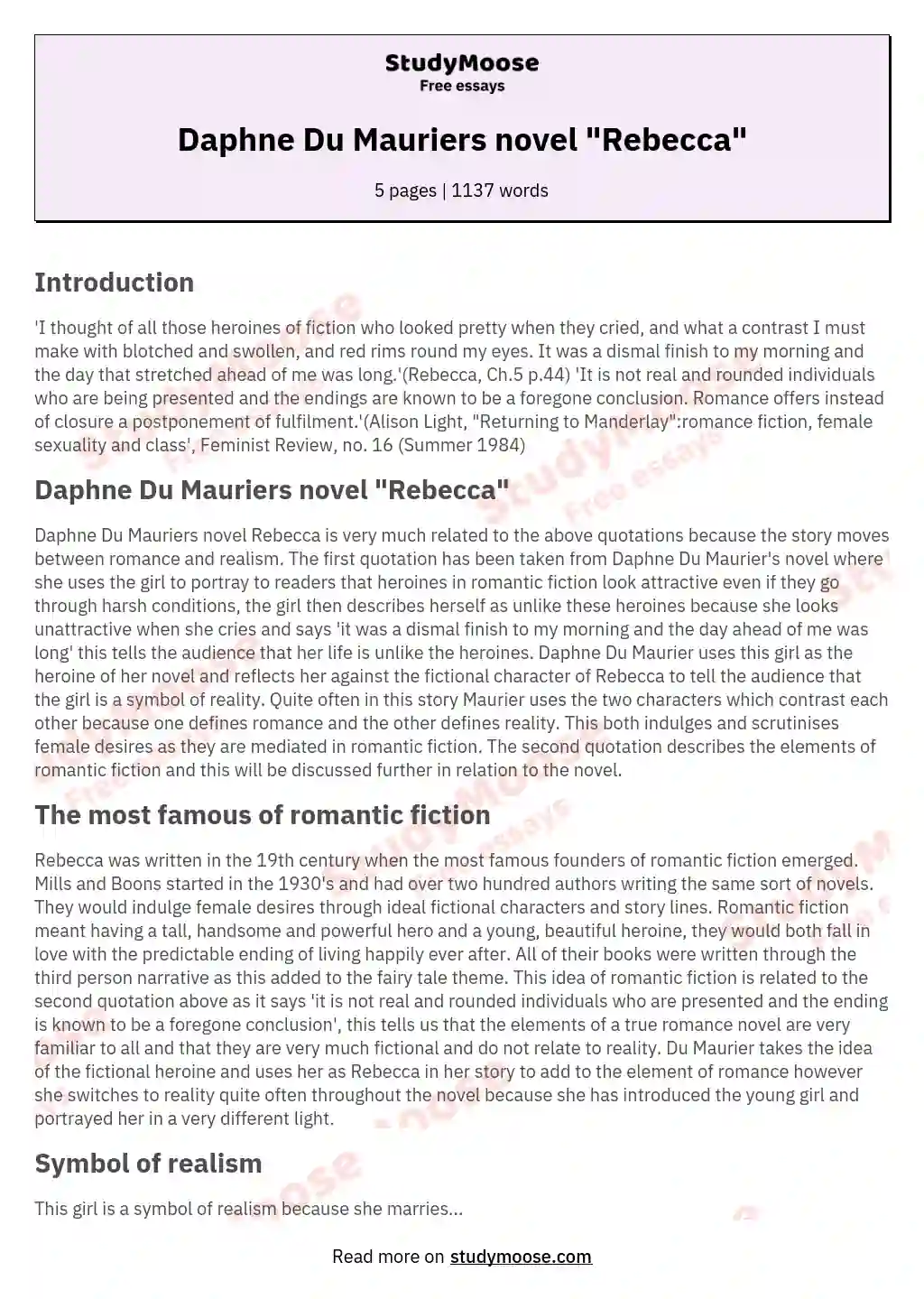 Daphne Du Mauriers novel "Rebecca" essay
