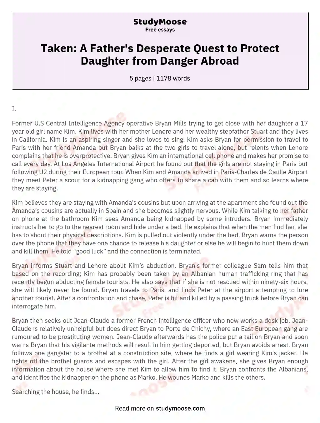 Taken: A Father's Desperate Quest to Protect Daughter from Danger Abroad essay