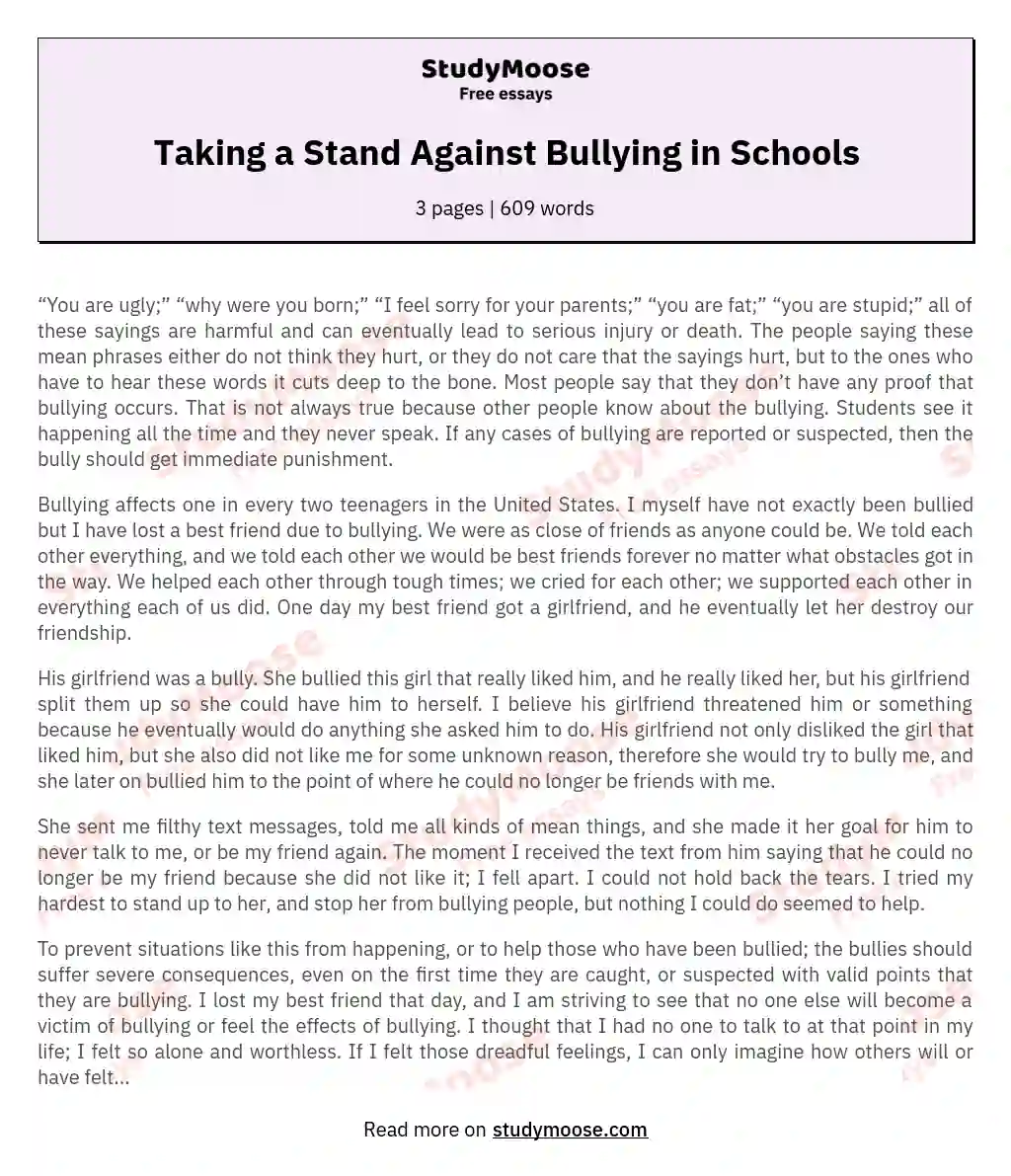 Taking a Stand Against Bullying in Schools essay