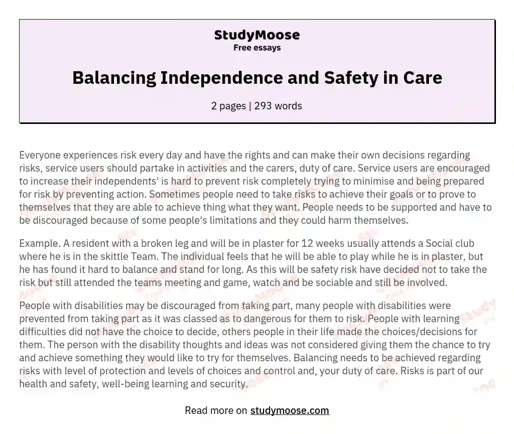 Balancing Independence and Safety in Care essay