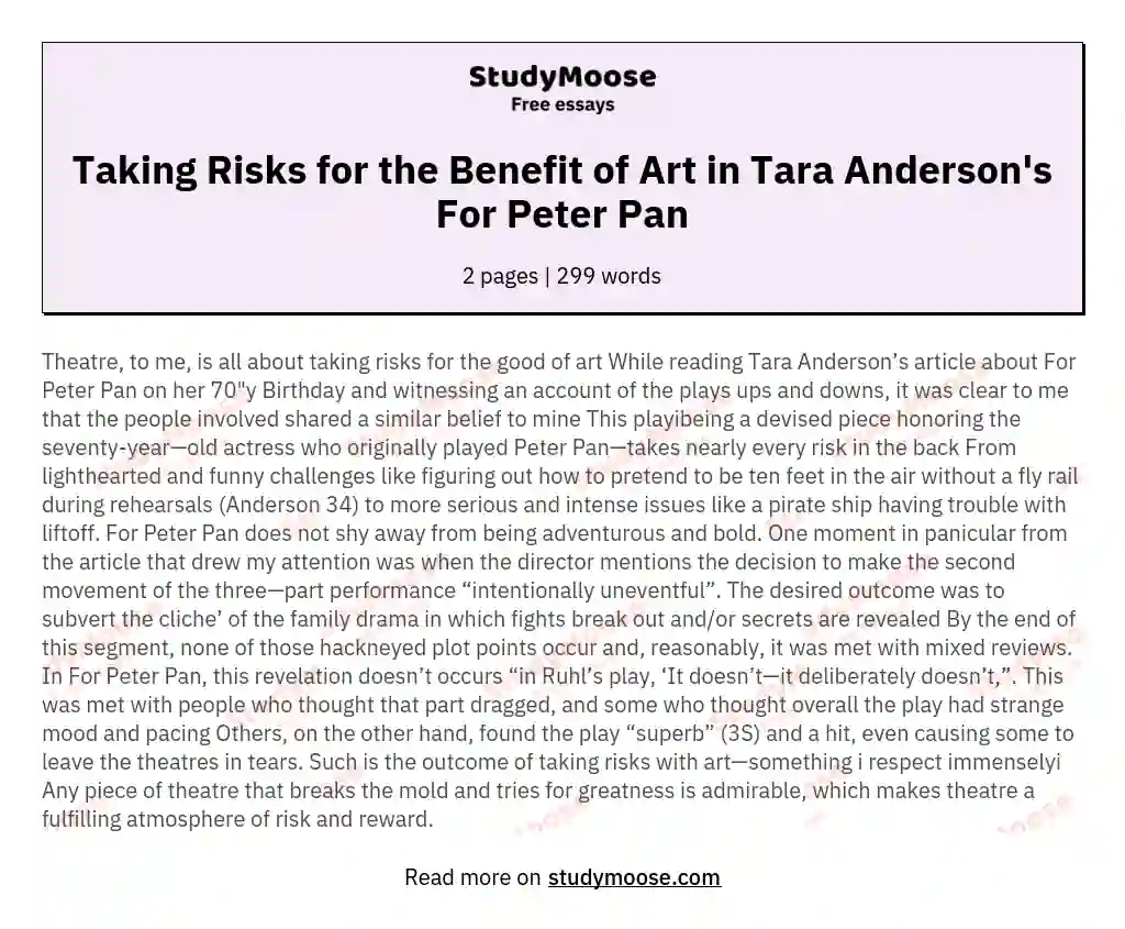 Taking Risks for the Benefit of Art in Tara Anderson's For Peter Pan essay