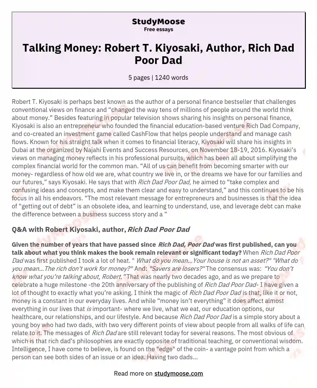 Talking Money: Robert T. Kiyosaki, Author, Rich Dad Poor Dad