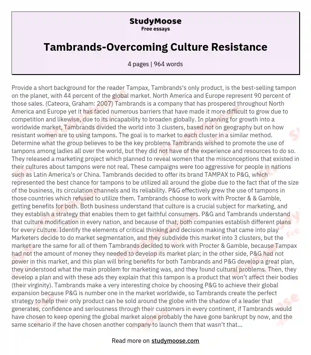Tambrands-Overcoming Culture Resistance essay