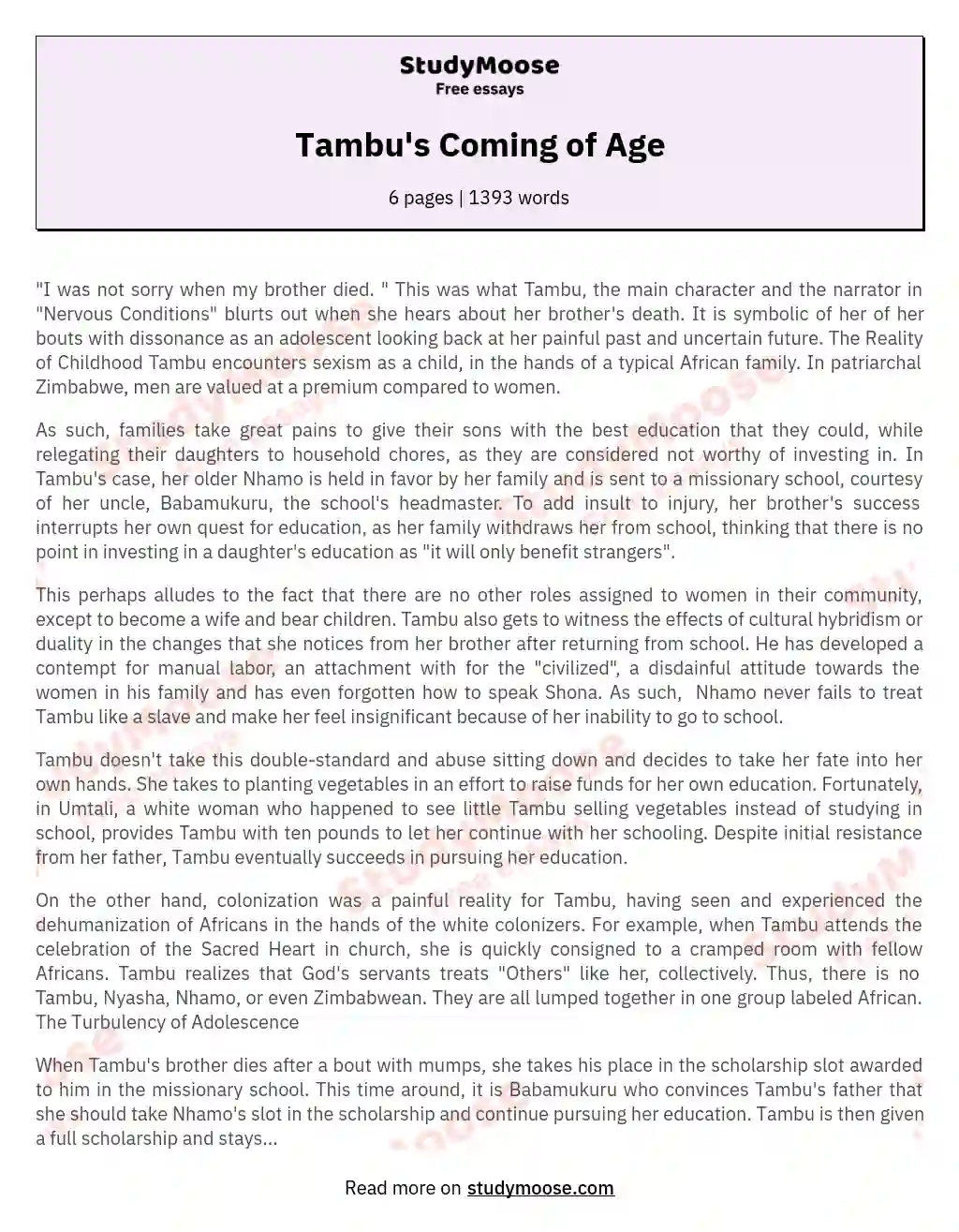 Tambu's Coming of Age essay