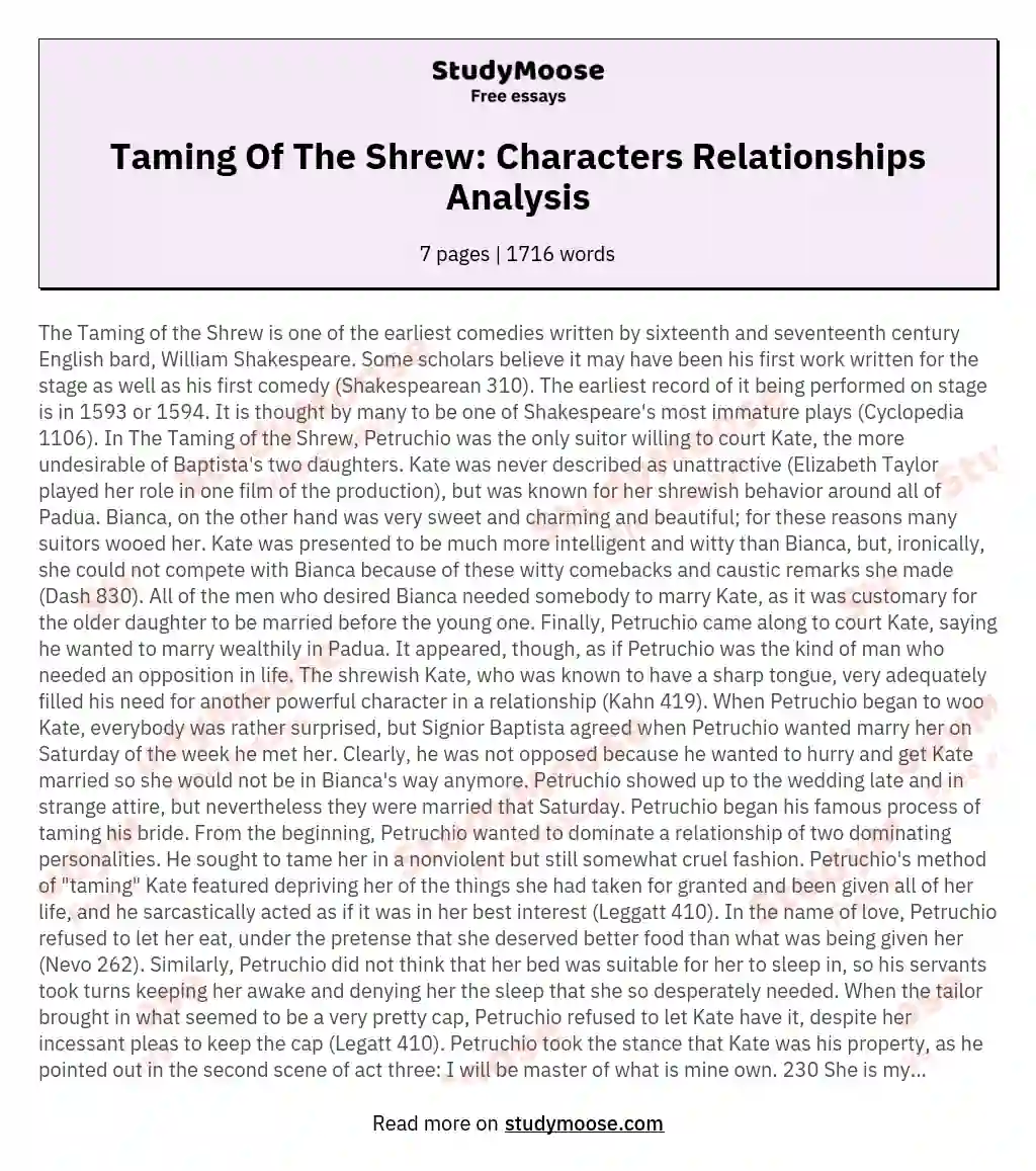 Taming Of The Shrew: Characters Relationships Analysis essay