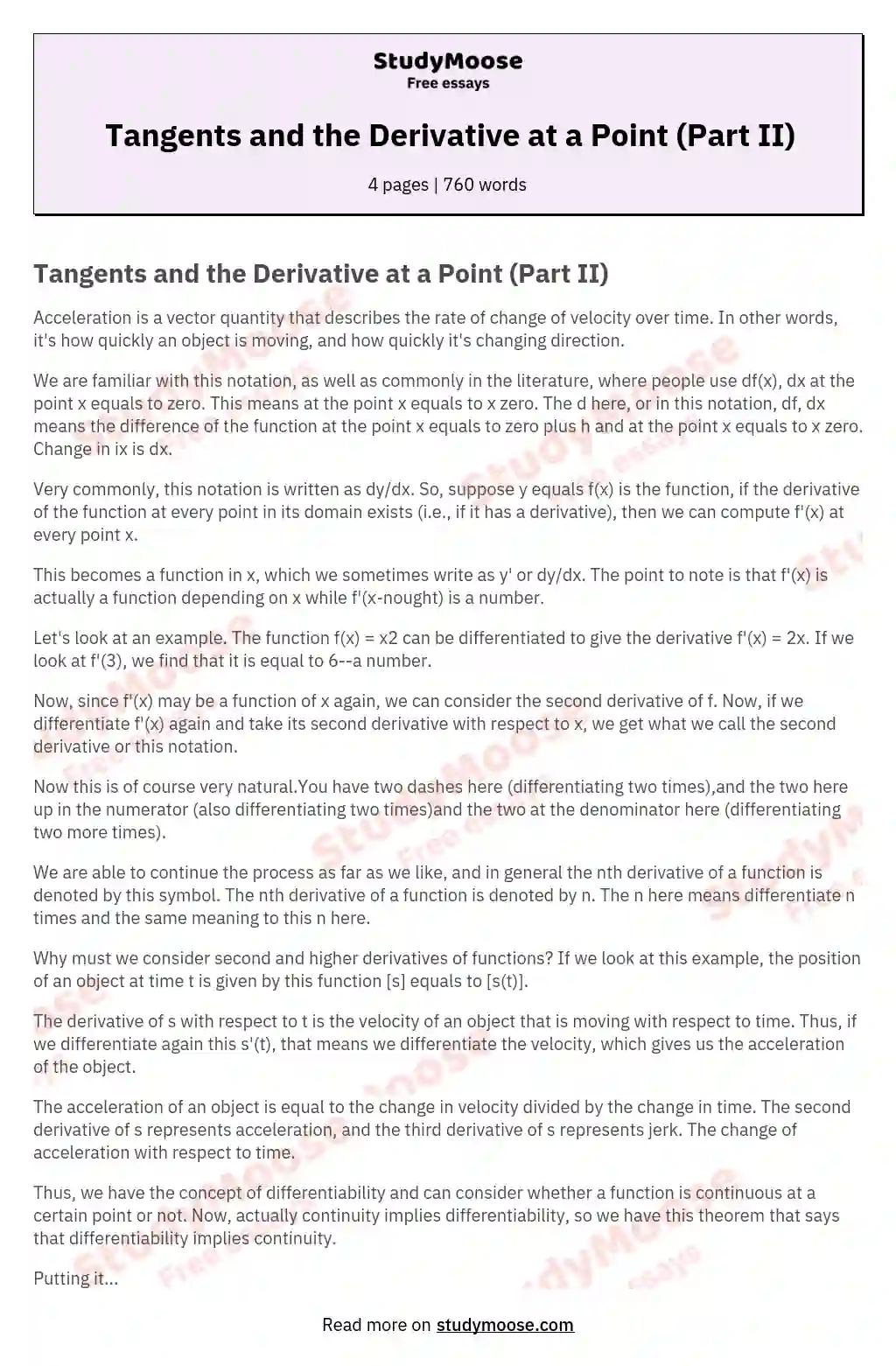 Tangents and the Derivative at a Point (Part II) essay