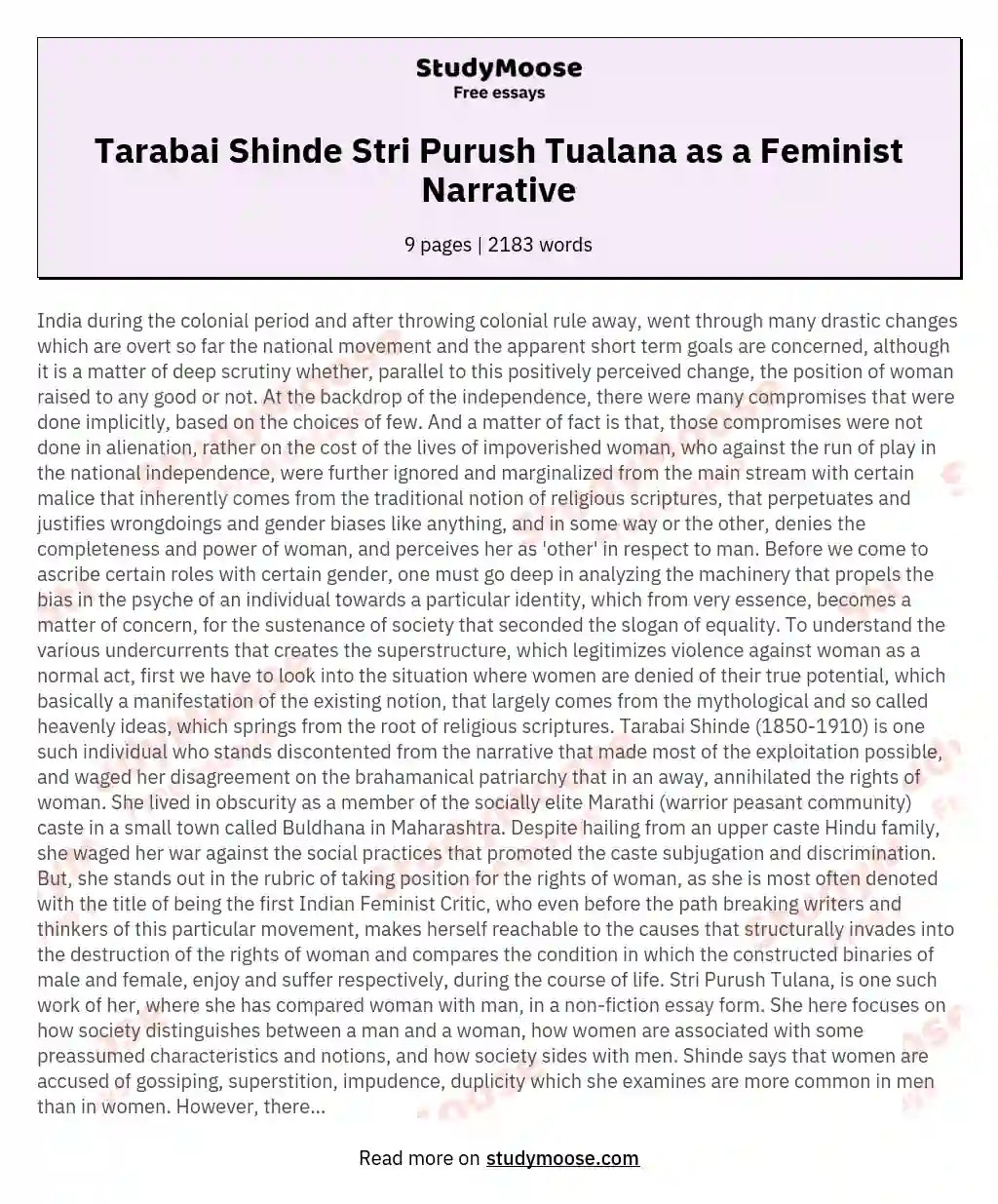 Tarabai Shinde Stri Purush Tualana as a Feminist Narrative essay
