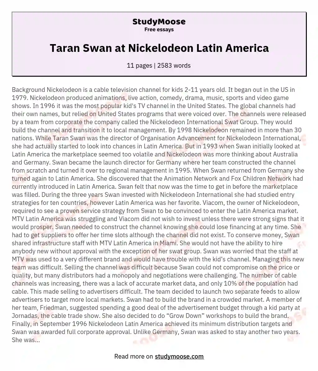 Taran Swan at Nickelodeon Latin America essay