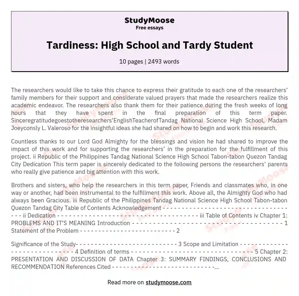 Tardiness: High School and Tardy Student essay
