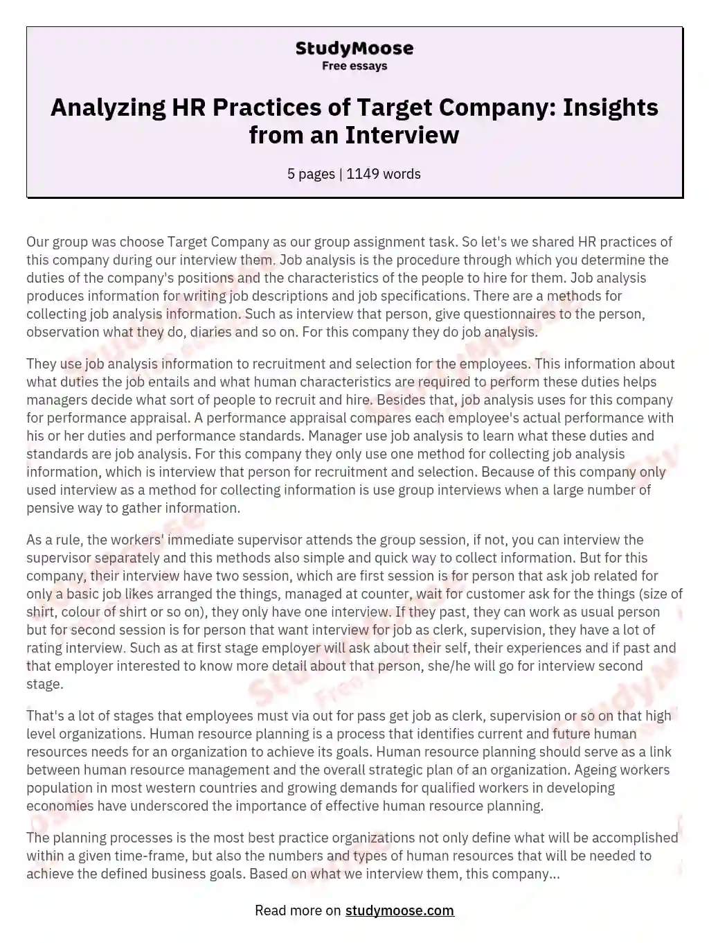Analyzing HR Practices of Target Company: Insights from an Interview essay