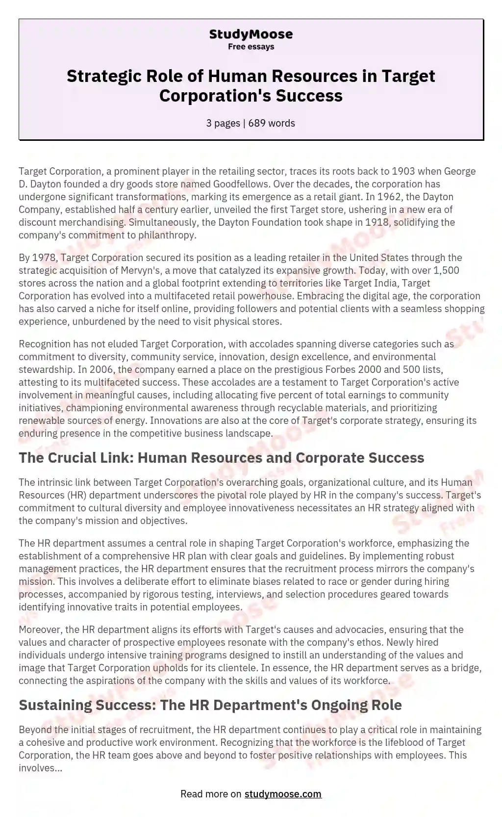 Strategic Role of Human Resources in Target Corporation's Success essay