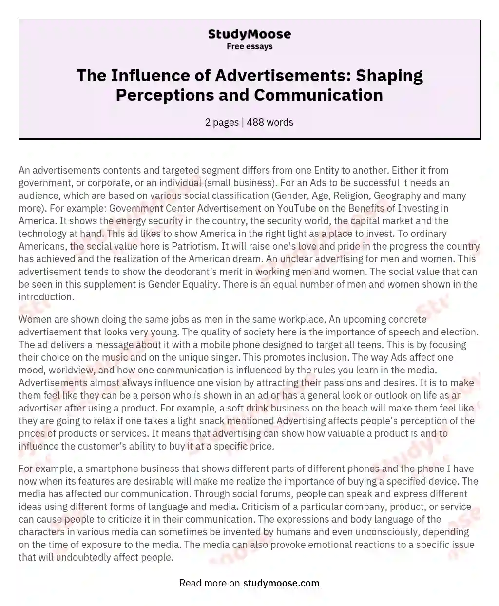 The Influence of Advertisements: Shaping Perceptions and Communication essay