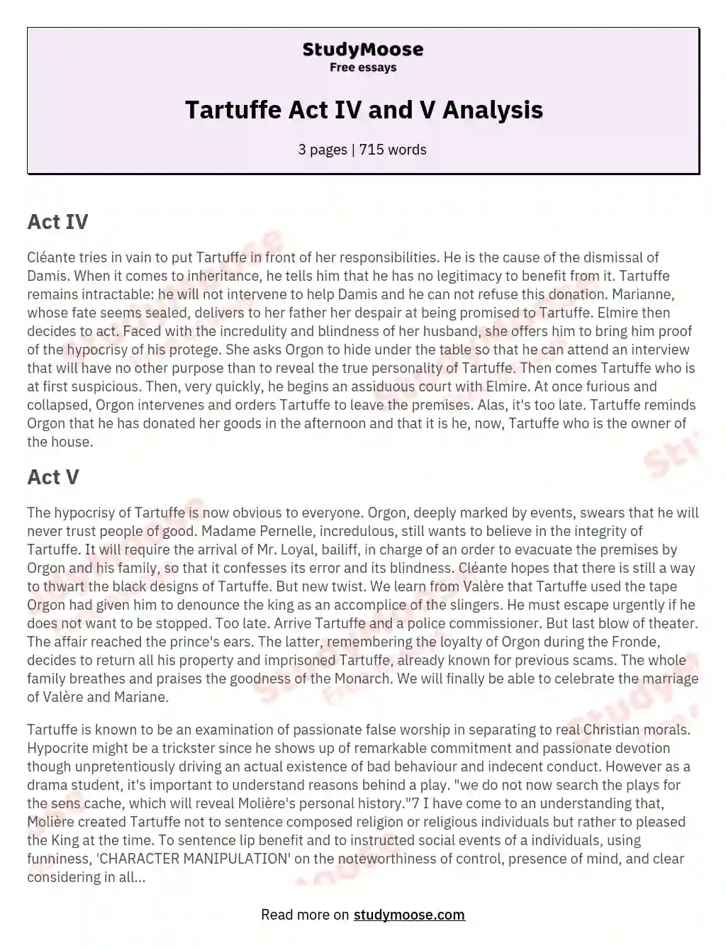 Tartuffe Act IV and V Analysis essay