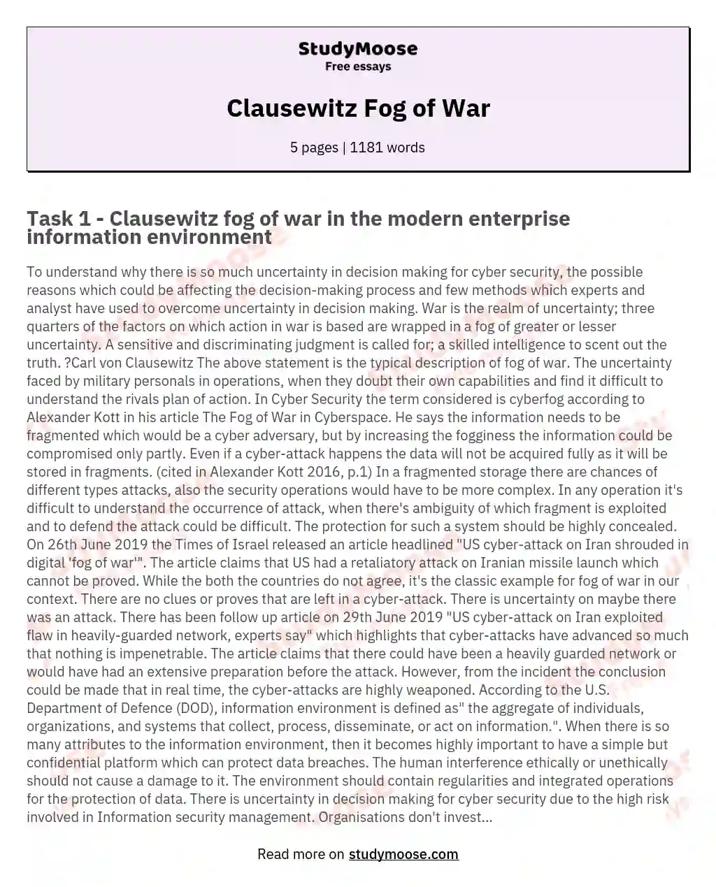 Clausewitz Fog of War essay