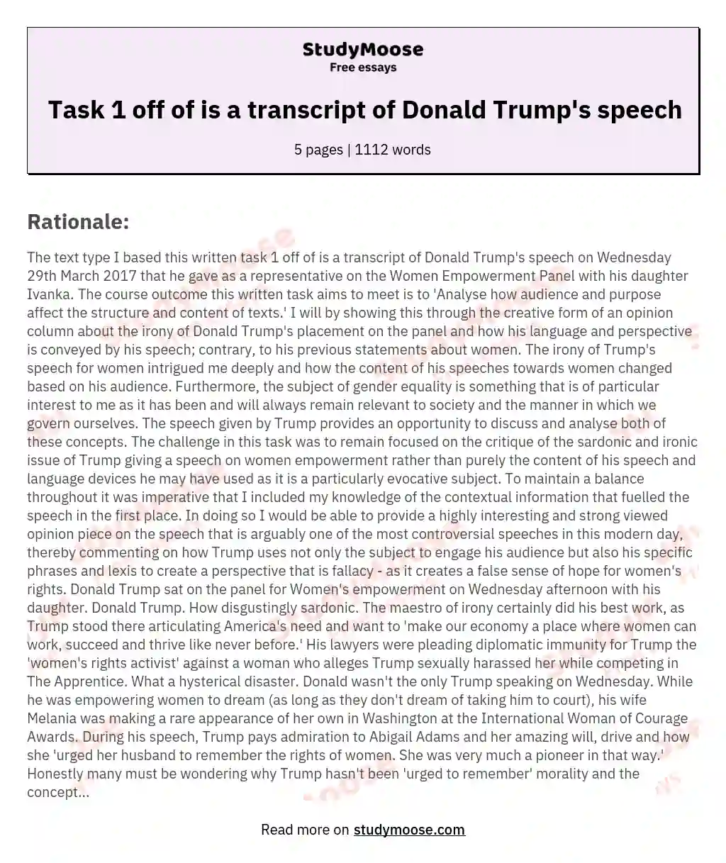 Task 1 off of is a transcript of Donald Trump's speech essay