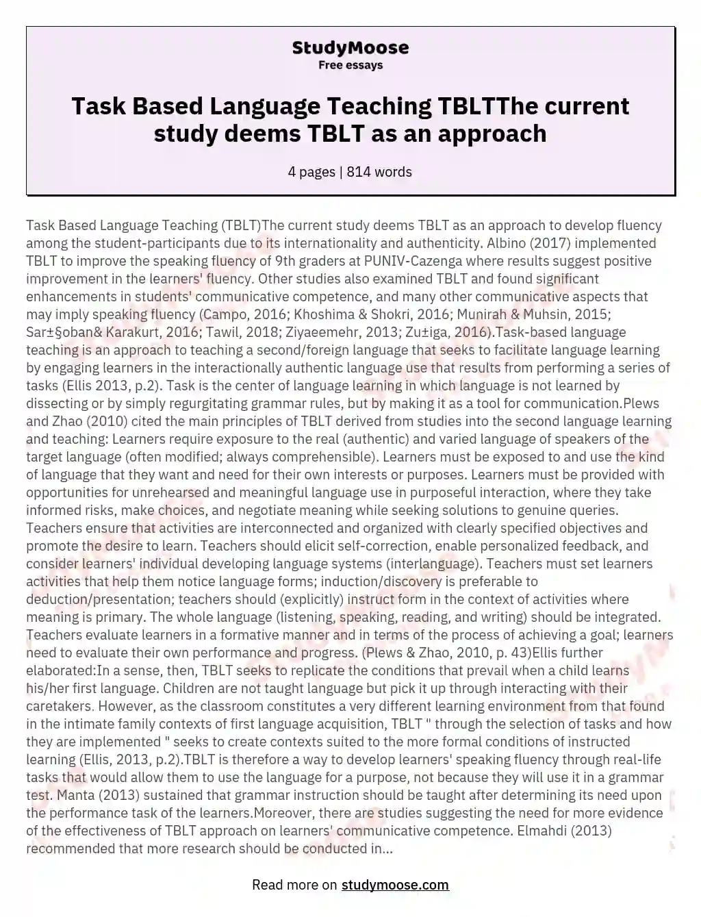 Task Based Language Teaching TBLTThe current study deems TBLT as an approach essay