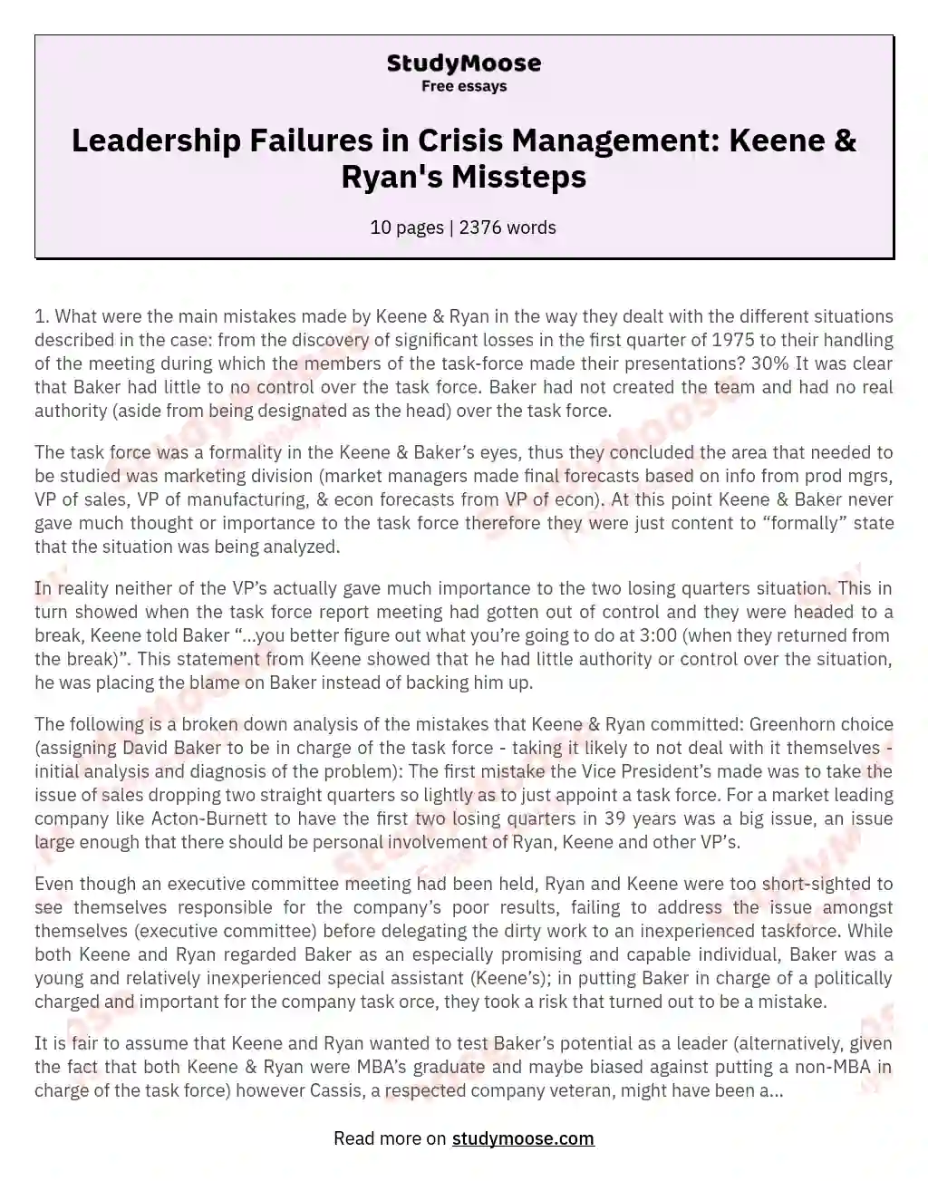 Leadership Failures in Crisis Management: Keene & Ryan's Missteps essay